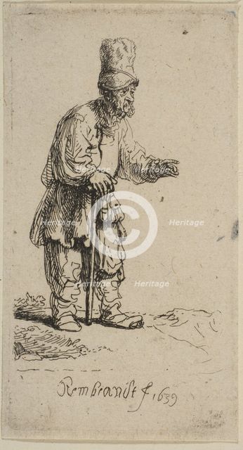 A Peasant in a High Cap, Standing Leaning on a Stick, 1639. Creator: Rembrandt Harmensz van Rijn.