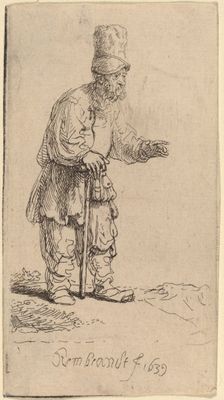 A Peasant in a High Cap, Standing Leaning on a Stick, 1639. Creator: Rembrandt Harmensz van Rijn