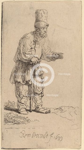 A Peasant in a High Cap, Standing Leaning on a Stick, 1639. Creator: Rembrandt Harmensz van Rijn.