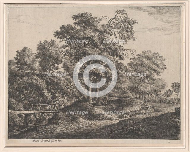 A Peasant Woman and Daughter on a Small Wooden Bridge, 17th century. Creator: Anthonie Waterloo.