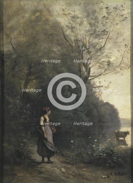 A Peasant Woman Grazing a Cow at the Edge of a Forest, 1867. Creator: Jean-Baptiste-Camille Corot.