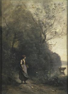 A Peasant Woman Grazing a Cow at the Edge of a Forest, 1867. Creator: Jean-Baptiste-Camille Corot