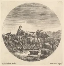 A peasant woman seated on a horse to left, facing right, surrounded by a herd of fc..., ca. 1643-48. Creator: Stefano della Bella