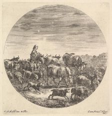 A peasant woman seated on a horse to left, facing right, surrounded by a herd of fc..., ca. 1643-48. Creator: Stefano della Bella
