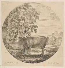A peasant woman with a cow at a fountain decorated with the Medici arms, from Six ani..., ca. 1646. Creator: Stefano della Bella