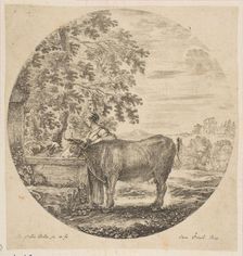A peasant woman with a cow at a fountain decorated with the Medici arms, from Six ani..., ca. 1646. Creator: Stefano della Bella