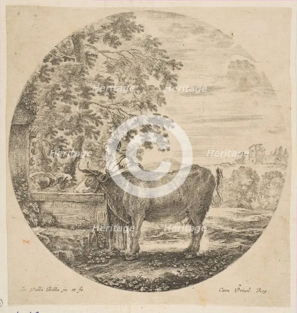 A peasant woman with a cow at a fountain decorated with the Medici arms, from 'Six ani..., ca. 1646. Creator: Stefano della Bella.