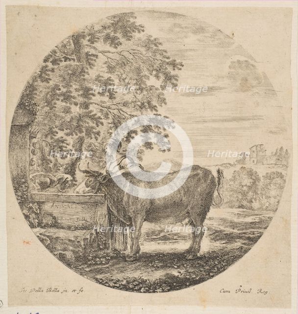 A peasant woman with a cow at a fountain decorated with the Medici arms, from 'Six ani..., ca. 1646. Creator: Stefano della Bella.