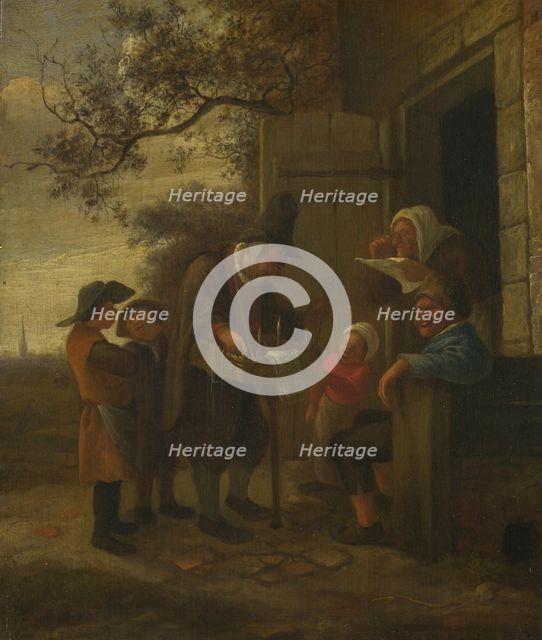 A Pedlar selling Spectacles outside a Cottage, c. 1653. Artist: Steen, Jan Havicksz (1626-1679)