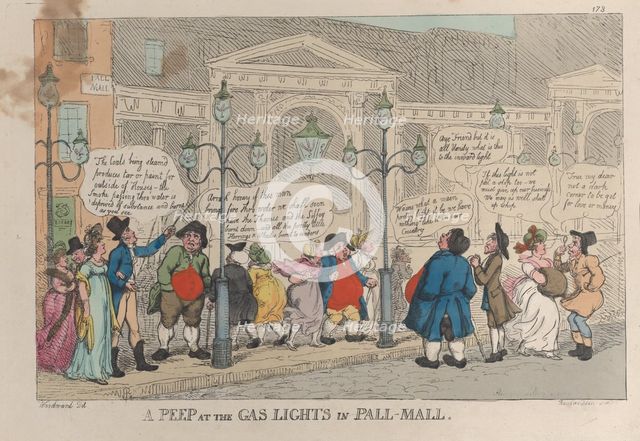 A Peep at the Gas Lights in Pall-Mall, December 23, 1809., December 23, 1809. Creator: Thomas Rowlandson.