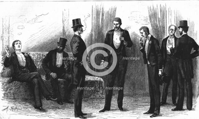 ''A Peep into the Smoking- Room at the Theatre', 1890. Creator: Unknown.