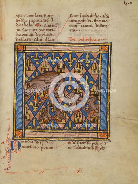 A Pelican Feeding her Young; Bestiary, about 1270. Creator: Unknown.