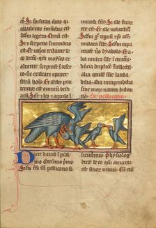 A Pelican Feeding her Young; De Natura Avium; De Pastoribus et Ovibus; Bestiarium, 1277 or after. Creator: Unknown