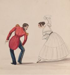 A Peruvian man and woman dancing the Zamacueca, from a group of drawings depicting..., ca. 1848. Creator: Attributed to Francisco (Pancho) Fierro