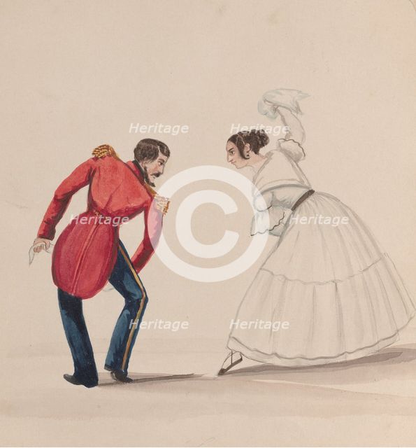 A Peruvian man and woman dancing the Zamacueca, from a group of drawings depicting..., ca. 1848. Creator: Attributed to Francisco (Pancho) Fierro.