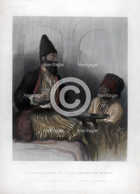'A Persian Prince, his slave bringing him sherbet', 19th century. Artist: H Robinson