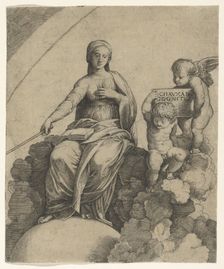 A personification of Philosophy sitting on clouds with her feet resting on a globe,..., ca. 1510-15. Creator: Marcantonio Raimondi
