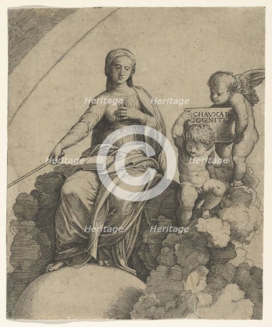 A personification of Philosophy sitting on clouds with her feet resting on a globe,..., ca. 1510-15. Creator: Marcantonio Raimondi.