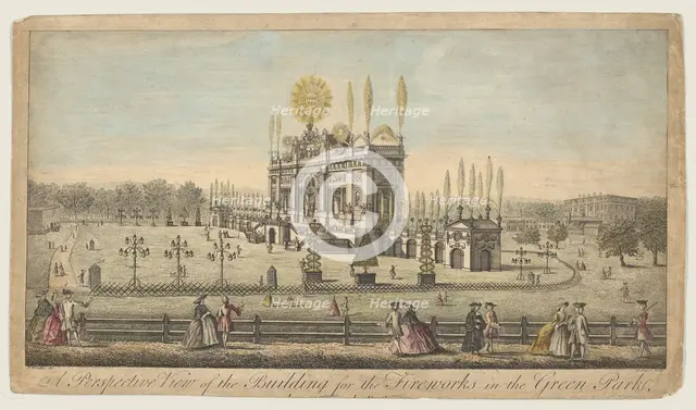 A Perspective View of the Building for the Fireworks in the Green Park, London, ca. 1749. Creator: Paul Angier.