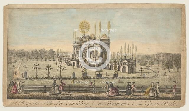 A Perspective View of the Building for the Fireworks in the Green Park, London, ca. 1749. Creator: Paul Angier.