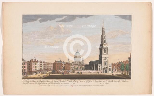 A perspective view of the north west front of ye parish church of St. Brides', London, 1753. Creator: Thomas Bowles.