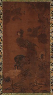 A Phoenix and two cranes under a tree, Ming dynasty, 16th-17th century. Creator: Unknown