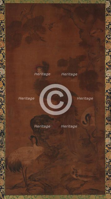 A Phoenix and two cranes under a tree, Ming dynasty, 16th-17th century. Creator: Unknown.