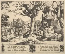 A phoenix sat atop a tree, wings open, an assortment of animals below, 1530-60. Creator: Master of the Die
