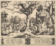 A phoenix sat atop a tree, wings open, an assortment of animals below, 1530-60. Creator: Master of the Die