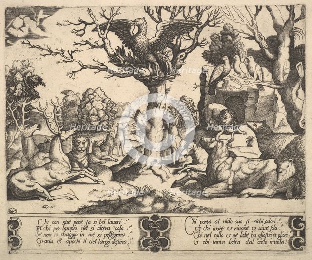 A phoenix sat atop a tree, wings open, an assortment of animals below, 1530-60. Creator: Master of the Die.