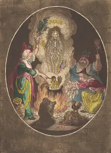 A Phantasmagoria;—Scene-Conjuring-Up an Armed-Skeleton, January 5, 1803., January 5, 1803. Creator: James Gillray