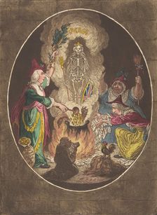A Phantasmagoria;—Scene-Conjuring-Up an Armed-Skeleton, January 5, 1803., January 5, 1803. Creator: James Gillray