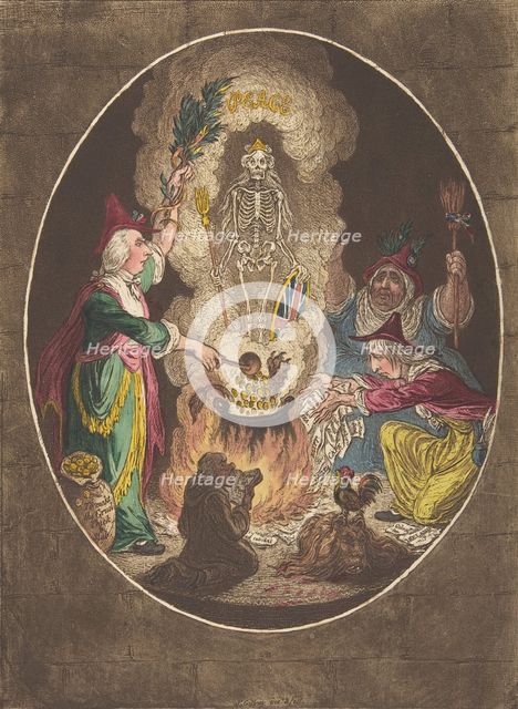 A Phantasmagoria;—Scene-Conjuring-Up an Armed-Skeleton, January 5, 1803., January 5, 1803. Creator: James Gillray.