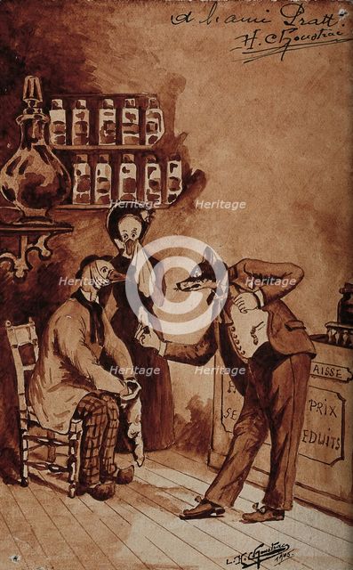 A pharmacy: the pharmacist (a fox) tries to sell medicines to a customer in pain..., 1905. Creator: LH Choustrac.