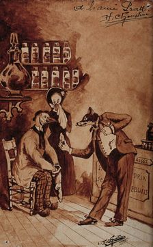 A pharmacy: the pharmacist (a fox) tries to sell medicines to a customer in pain..., 1905. Creator: LH Choustrac