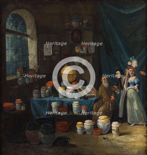 A philosopher in his study, consulted by an old woman to determine from a flask of urine, 1680-1799. Creator: Egbert van Heemskerck I.