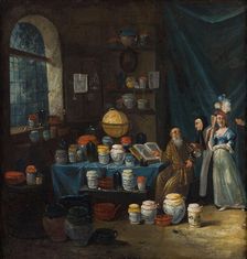 A philosopher in his study, consulted by an old woman to determine from a flask of urine, 1680-1799. Creator: Egbert van Heemskerck I