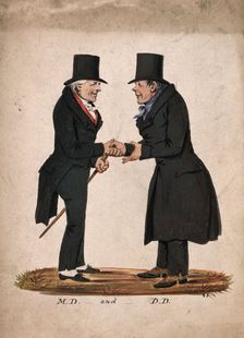 A physician and a divine shaking hands on meeting, 1830-1850. Creator: Stephen Jenner