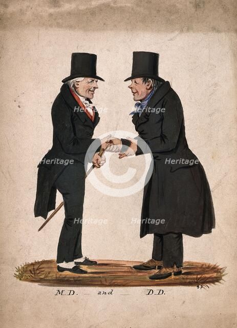A physician and a divine shaking hands on meeting, 1830-1850. Creator: Stephen Jenner.