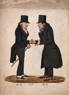 A physician and a divine shaking hands on meeting, 1830-1850. Creator: Stephen Jenner