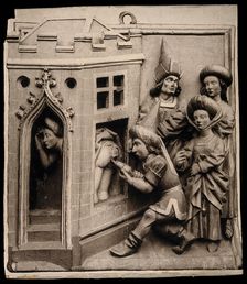 A physician administering a clyster to an embarrassed woman who hides her self and presents her... Creator: Unknown