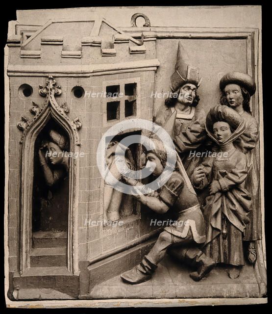 A physician administering a clyster to an embarrassed woman who hides her self and presents her... Creator: Unknown.