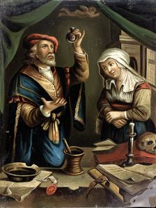 A physician examining a flask of urine brought by a young woman, c1670s. Creator: Unknown