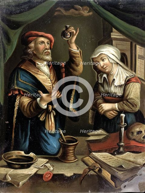 A physician examining a flask of urine brought by a young woman, c1670s. Creator: Unknown.