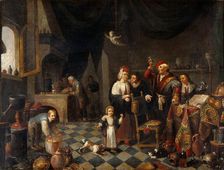 A physician examining a urine-flask, c1700. Creator: Unknown