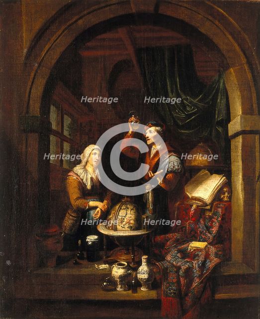 A physician examining a urine-flask, c1700. Creator: Gerard Thomas.