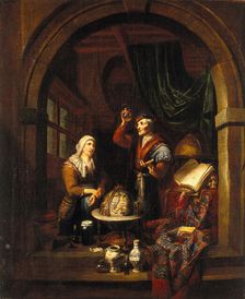 A physician examining a urine-flask, c1700. Creator: Gerard Thomas