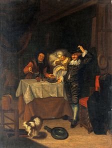 A physician examining a urine flask, c17th century. Creator: Unknown