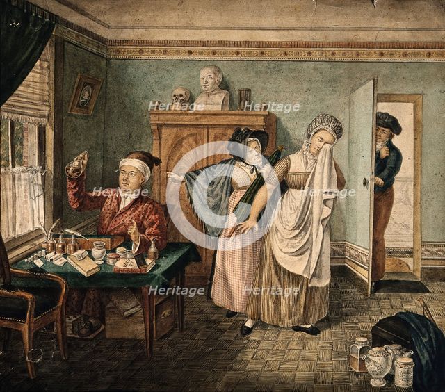 A physician examining a urine specimen in which a faint figure of a baby is visible, a..., 1826. Creator: Unknown.