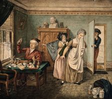 A physician examining a urine specimen in which a faint figure of a baby is visible, a..., 1826. Creator: Unknown